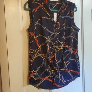 NWT Sleeveless blouse, tie front/waist, navy Print